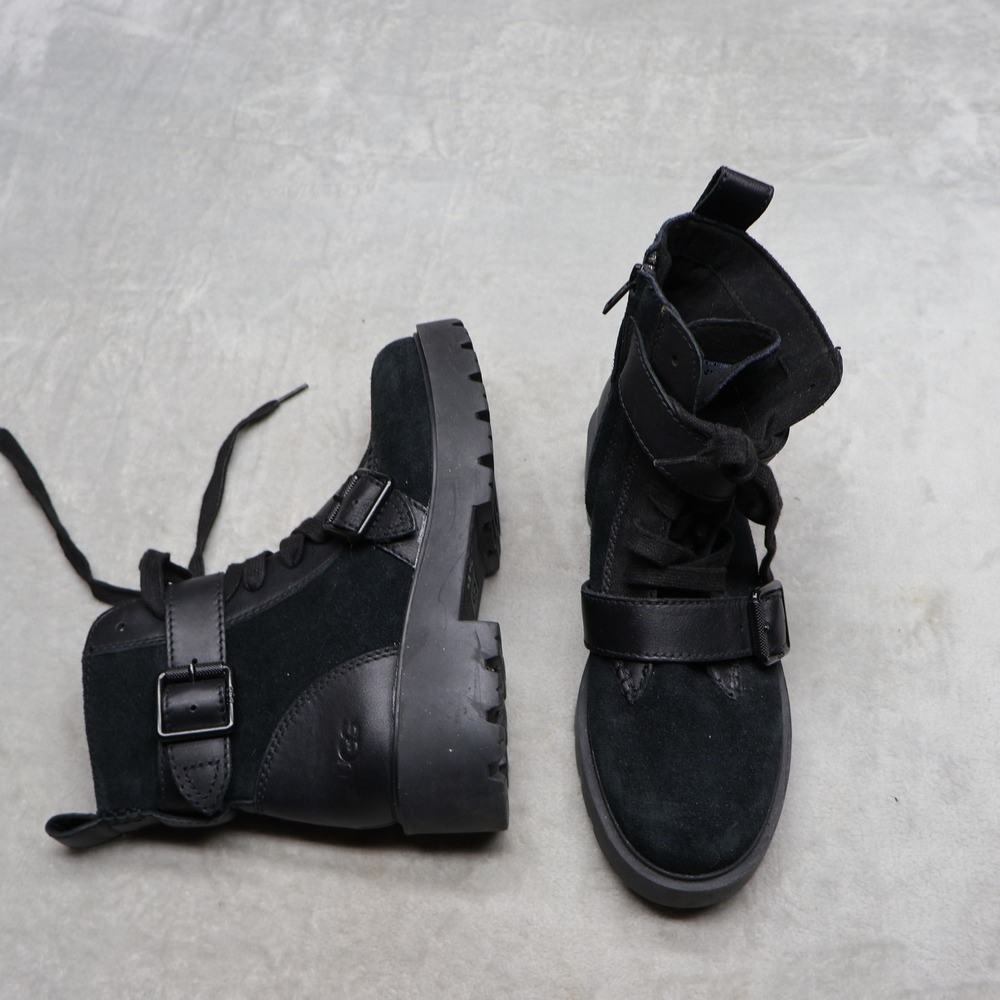 UGG Womens 8 Moto Boots Black Zorrah Waterproof Double Buckle Biker 1121051 NEW